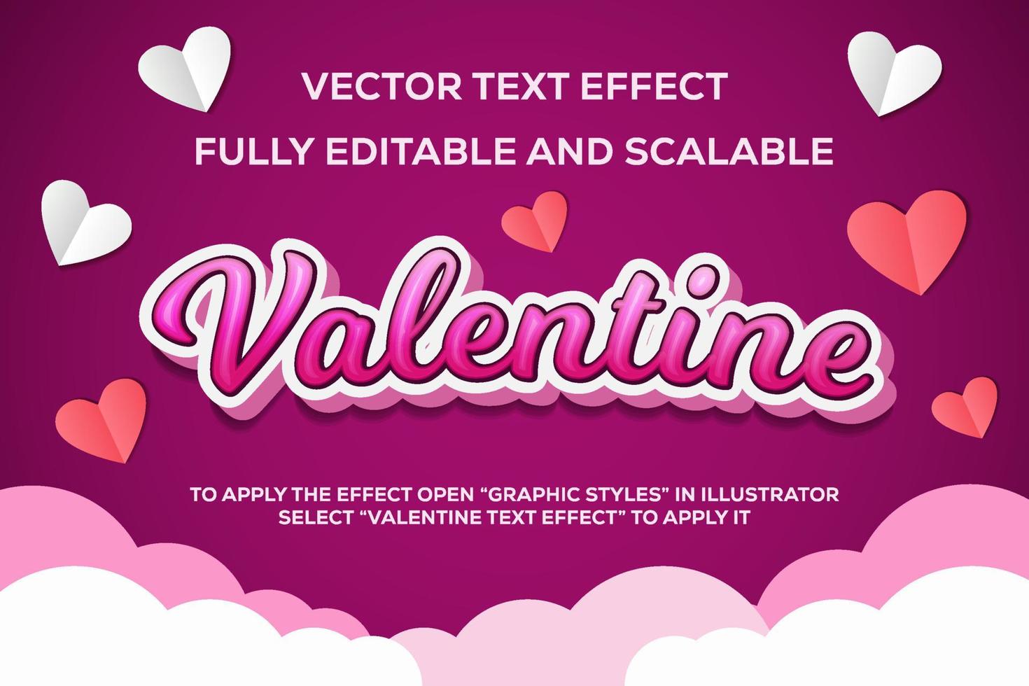 effet de texte vectoriel valentine entièrement modifiable et évolutif. effet de lettrage. effet de texte rose. avec des nuages de fond et en forme d'amour. vecteur design.14 février