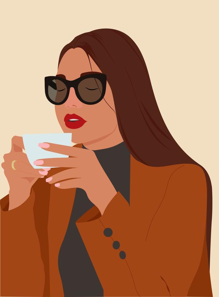 fille buvant du café. jeune fille élégante assise dans une illustration plate de cafe.vector. café du matin confortable. dame à lunettes noires. vecteur