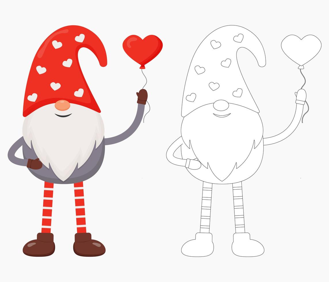 Adorable gnome de la Saint-Valentin avec un ballon rouge en forme de cœur. illustration vectorielle plane pour st. cadeau de saint valentin, carte, impression, décoration. gnome en couleur et contour. vecteur