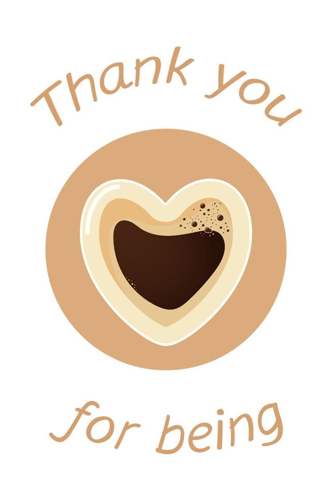 tasse de café en forme de coeur et l'inscription merci d'être. carte postale, icône, pour décorer le projet vecteur
