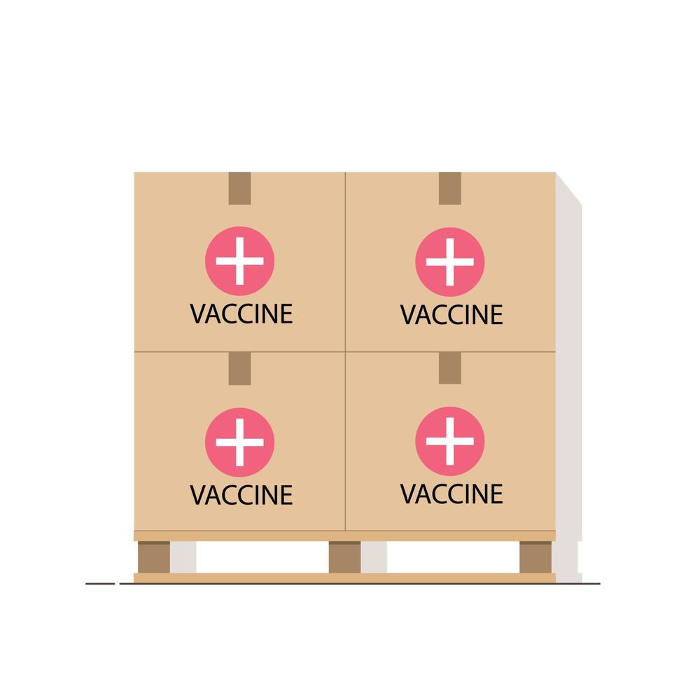 palette avec des boîtes de vaccin covid-19 isolé sur fond blanc. entrepôt avec des vaccins. campagne anti-virus. illustration vectorielle. vecteur