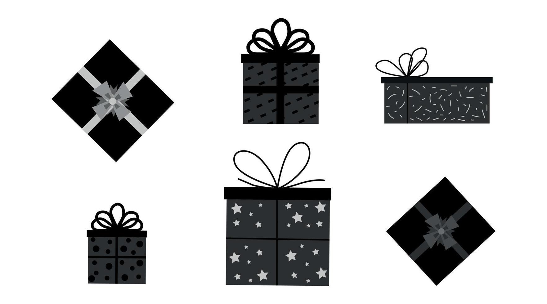 sertie de coffrets cadeaux noirs isolés sur fond blanc. thèmes sombres. illustration vectorielle dans un style plat. vecteur