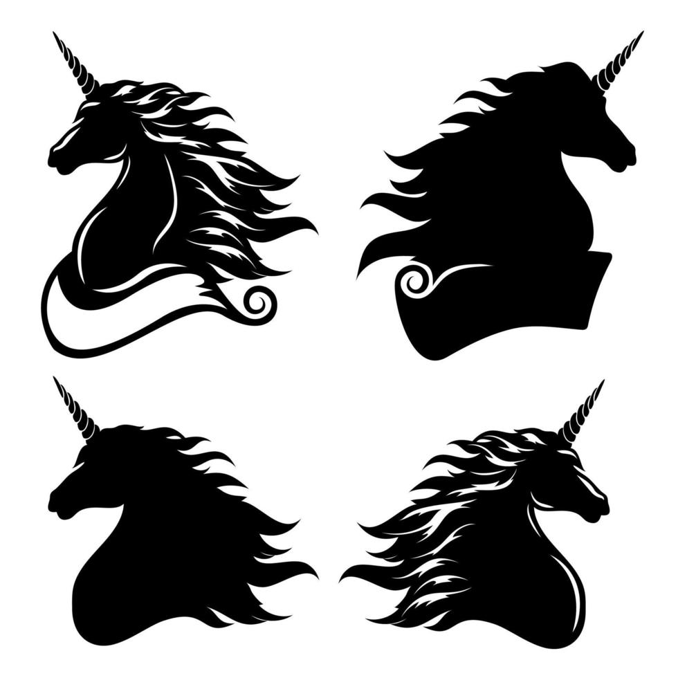 silhouette de tête de licorne. silhouette noire sur fond blanc avec place pour le texte. le contour est séparé de l'arrière-plan. vecteur