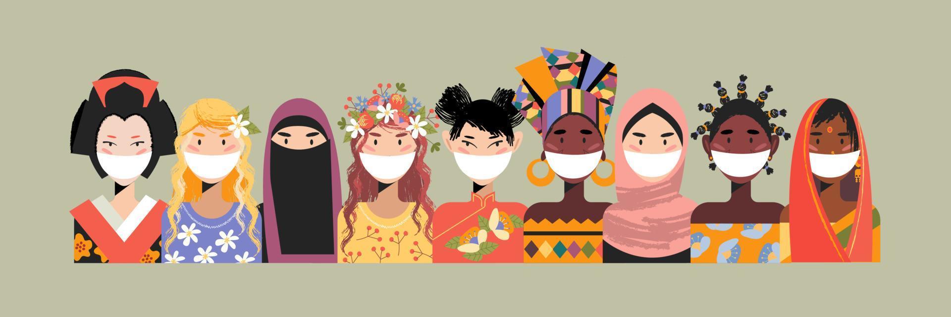 des femmes du monde entier. femmes en tenues traditionnelles et masques médicaux. illustration vectorielle. vecteur