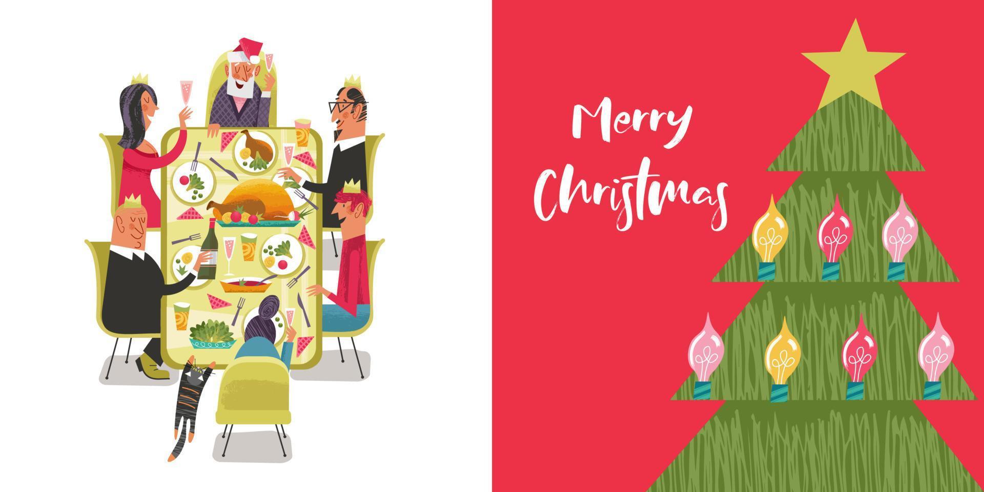 joyeux Noël. la famille fête noël à la table de fête. illustration vectorielle. vecteur