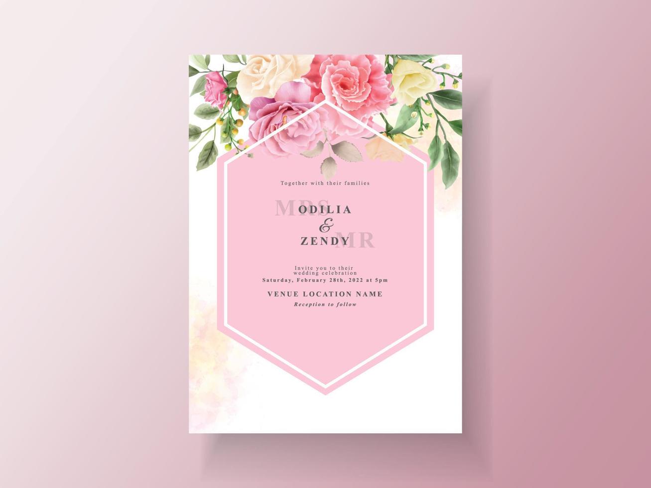 belle carte d'invitation de mariage de fleurs roses et jaunes vecteur