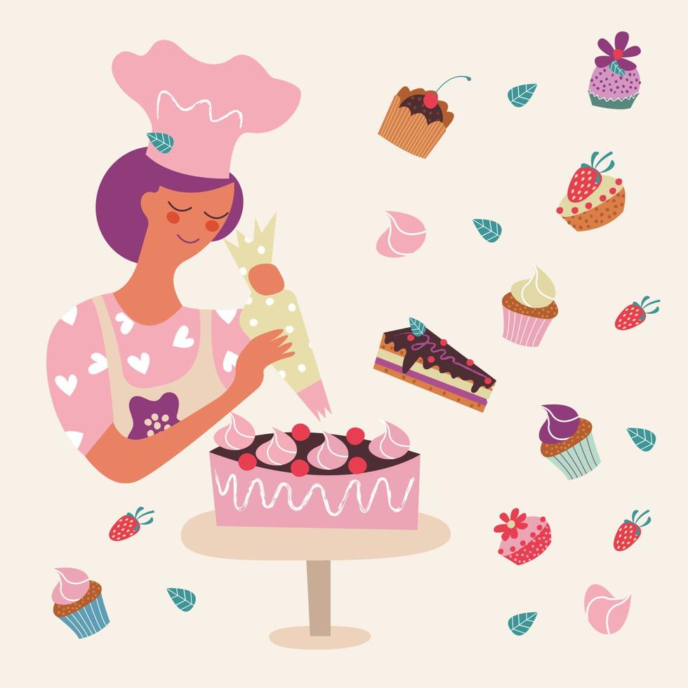 une femme pâtissière décore des gâteaux avec de la crème. illustration vectorielle. vecteur