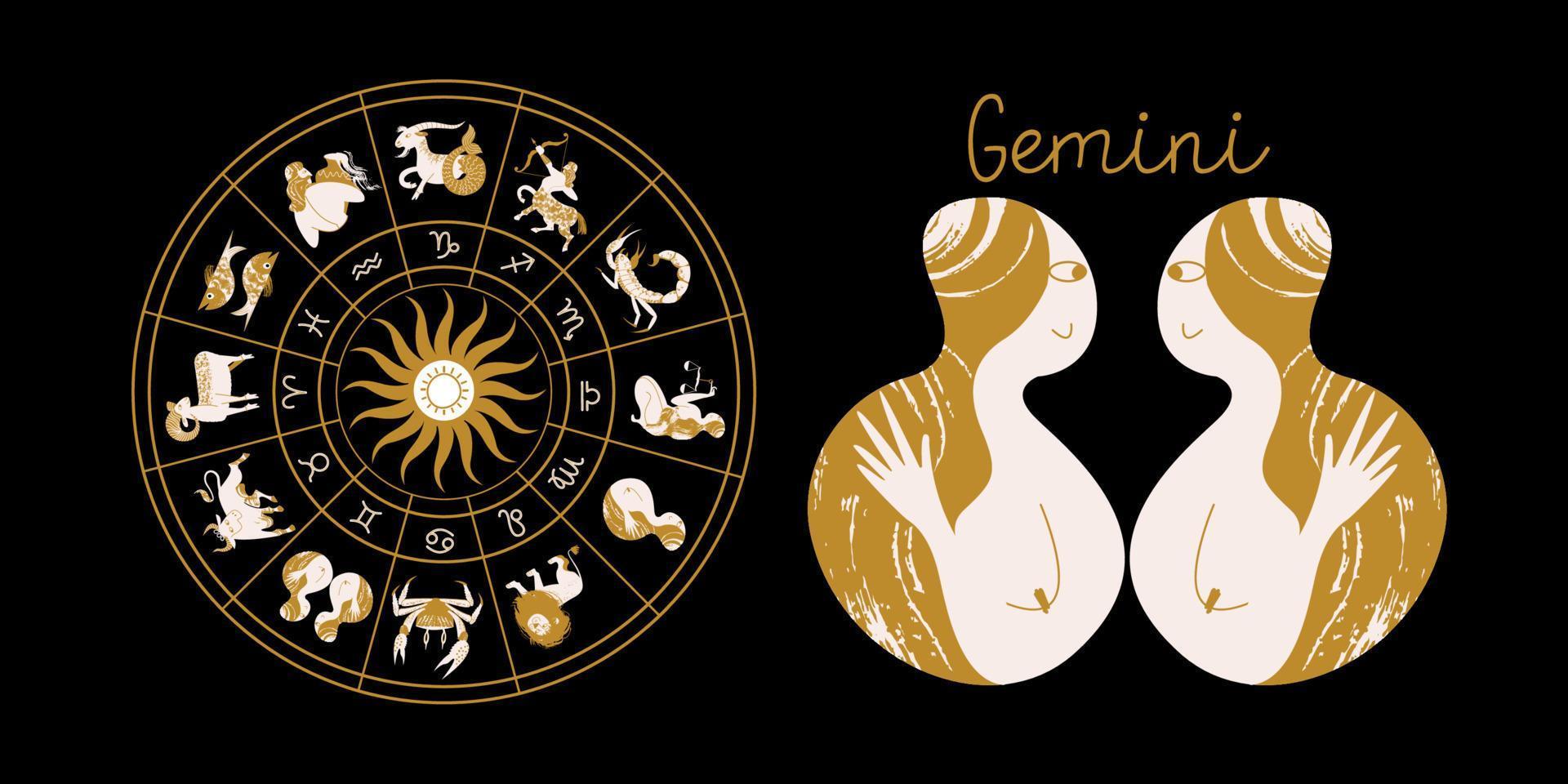 signe du zodiaque gémeaux. horoscope et astrologie. horoscope complet dans le cercle. zodiaque roue horoscope avec vecteur de douze signes.