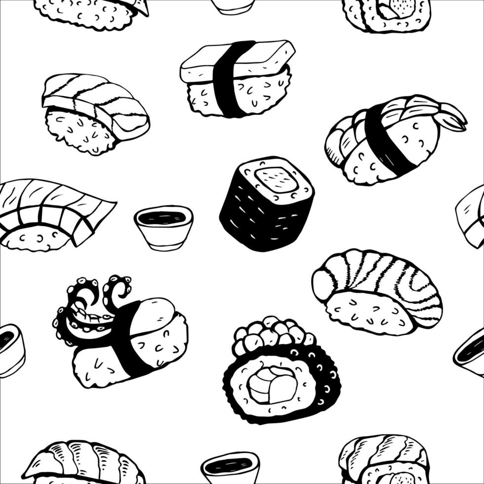 sushis japonais. motif noir et blanc sans couture. illustration vectorielle dessinés à la main. vecteur