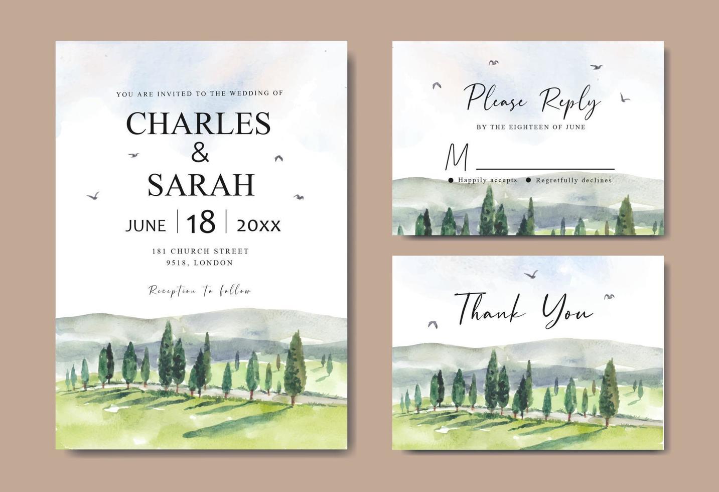 invitation de mariage avec aquarelle de paysage naturel vecteur