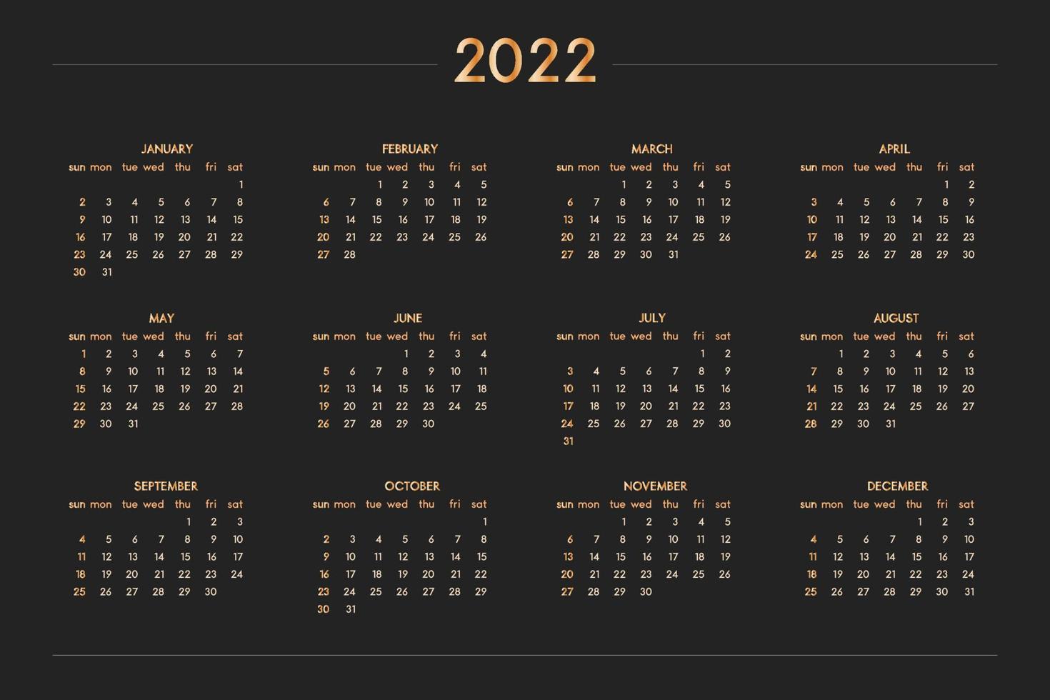 Calendrier 2022 pour carnet de notes de planificateur personnel, or sur un style riche de luxe noir. format paysage horizontal. la semaine commence le dimanche vecteur