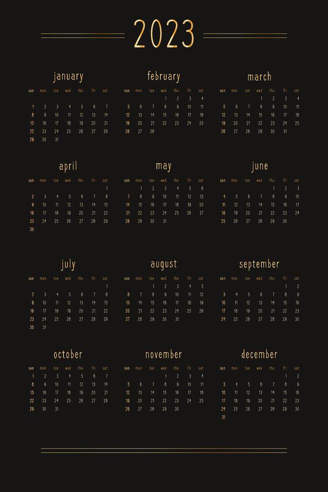 Calendrier 2023 pour carnet de notes de planificateur personnel, or sur un style riche et luxueux noir. format portrait vertical. la semaine commence le dimanche vecteur