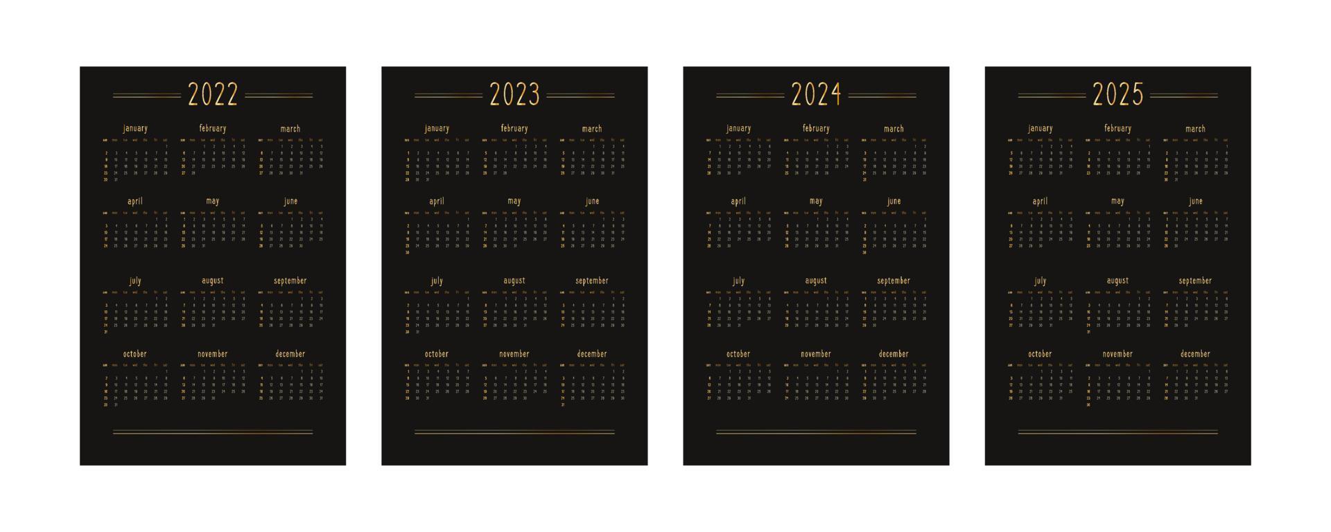 Calendrier 2022 2023 2024 2025 pour carnet de notes de planificateur personnel, or sur un style riche de luxe noir. format portrait vertical. la semaine commence le dimanche vecteur