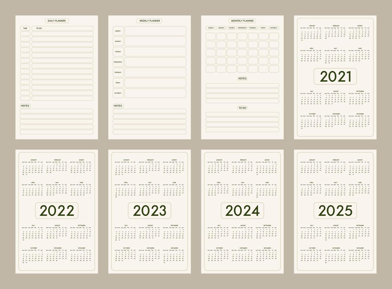 2022 2023 2024 2025 calendrier quotidien hebdomadaire mensuel modèle de journal de planificateur personnel style tendance minimaliste, palette de couleurs naturelles olive beige pastel. la semaine commence le dimanche vecteur