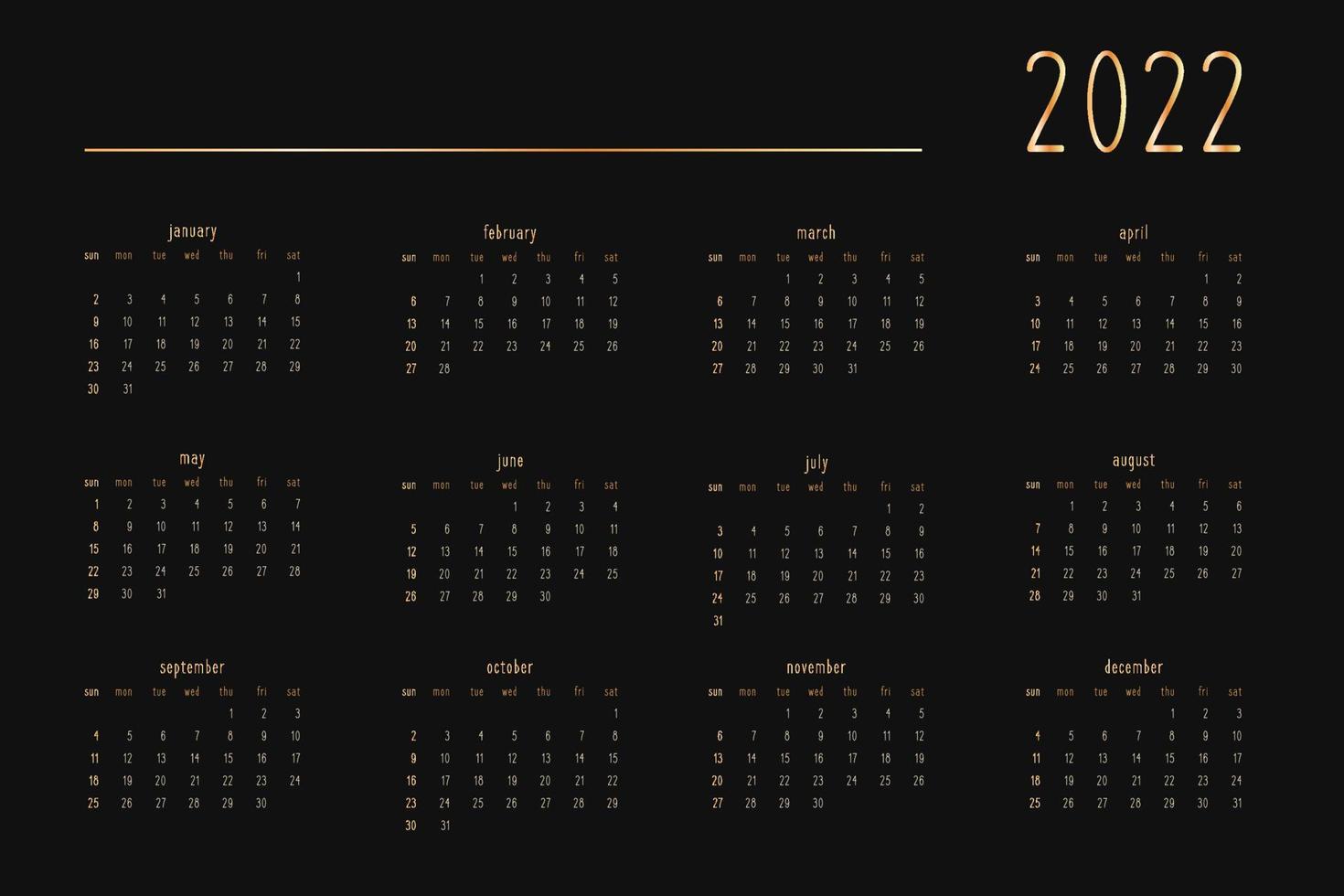 Calendrier 2022 pour carnet de notes de planificateur personnel, or sur un style riche de luxe noir. format paysage horizontal. la semaine commence le dimanche vecteur