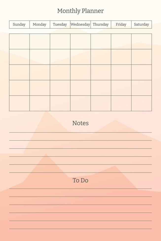 modèle de planificateur mensuel. pour faire la liste des tâches. conception pour le bloc-notes de journal intime sur des feuilles multicolores avec un arrière-plan lumineux abstrait de pics dégradés de montagnes vecteur