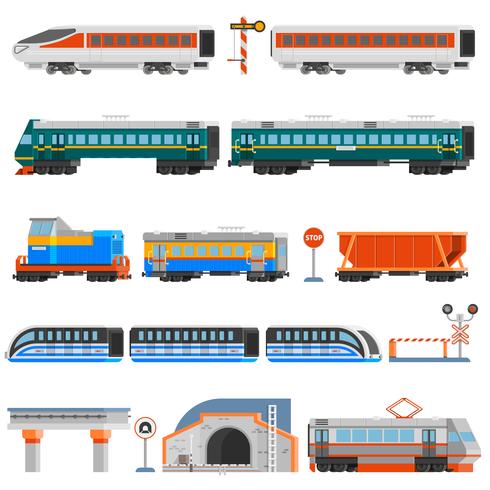 Transport ferroviaire plat icônes colorées ensemble vecteur