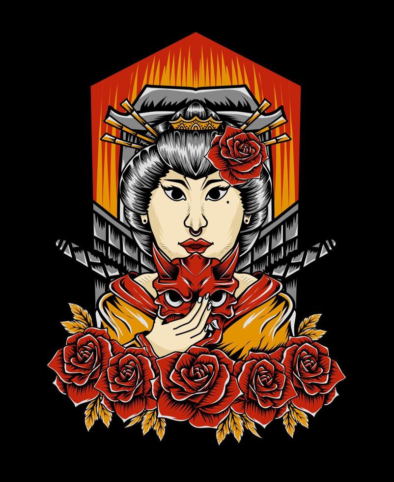 illustration femme geisha avec fleur rose vecteur