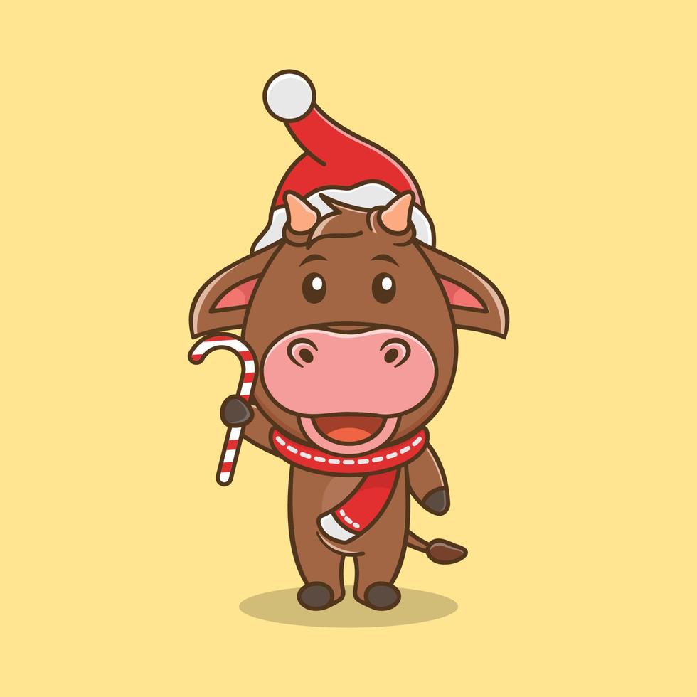 la mascotte de vache mignonne à Noël apporte des bonbons vecteur
