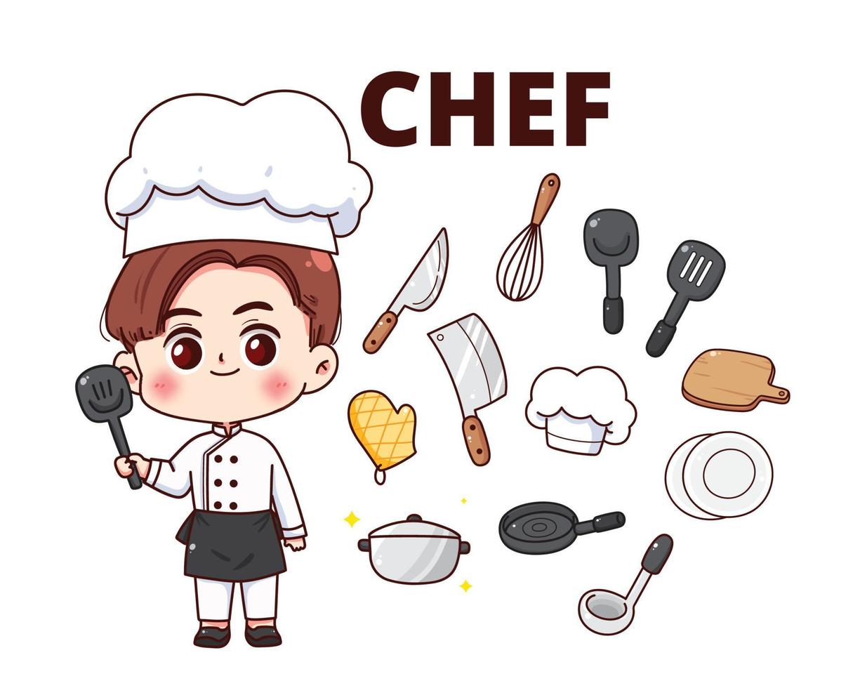 chef équipement cuisine restaurant cuisinier personnage concept dessin animé dessinés à la main dessin animé art illustration vecteur