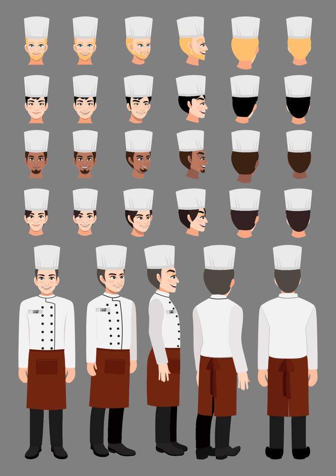 personnage de dessin animé de chef professionnel en uniforme et chef diversifié pour la collection de vecteurs de conception d'animation vecteur