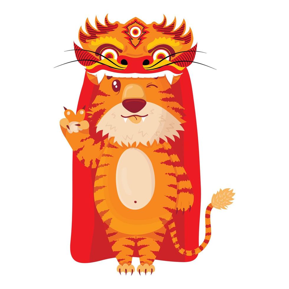 mignon tigre chinois en costume de dragon de carnaval du nouvel an. symbole 2022 vecteur