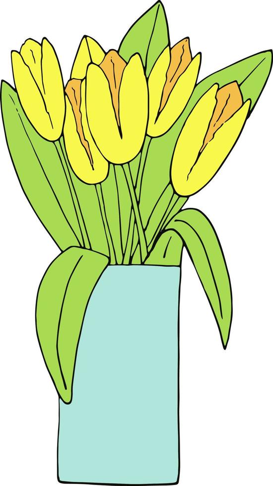 tulipes jaunes dans une icône de bouquet de vase, autocollant. croquis de style doodle dessinés à la main. minimalisme. fleurs, printemps, vacances, décor vecteur