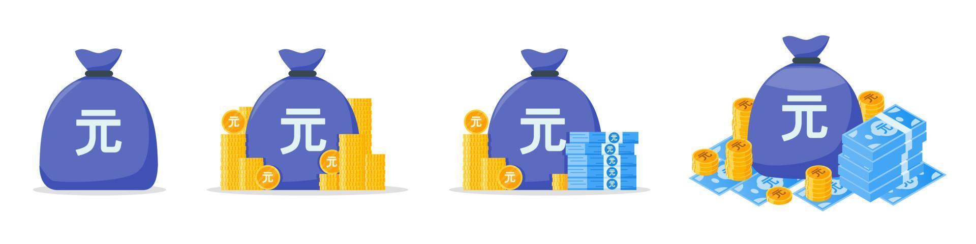 nouveau jeu d'icônes de sac d'argent en dollars de taiwan vecteur