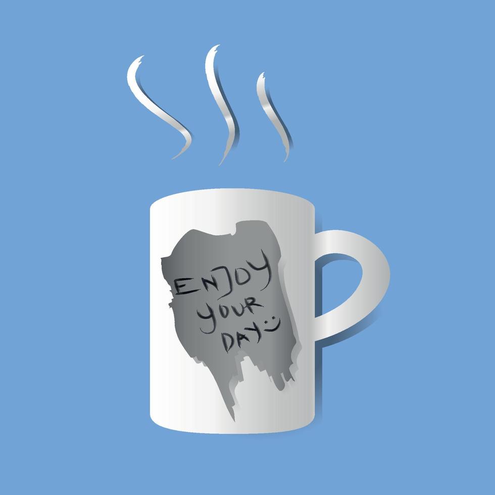 art 3d réaliste dégradé brillant, tasse de café ou de thé au chocolat chaud lait avec texte profitez de votre journée illustration vectorielle vecteur