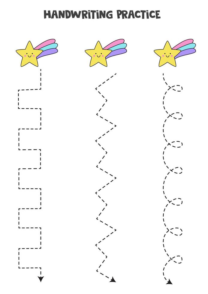 tracer des lignes avec de jolies étoiles kawaii. pratique de l'écriture. vecteur