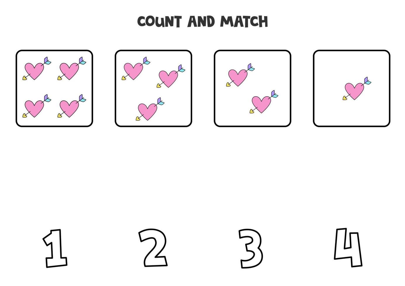 jeu de comptage avec des coeurs roses mignons. feuille de calcul mathématique. vecteur