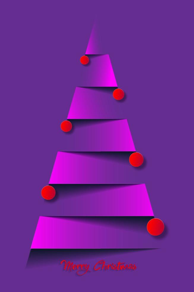 arbre de noël en papier et boules de noël rouges. carte de nouvel an de vecteur dans un style découpé en papier, fond violet