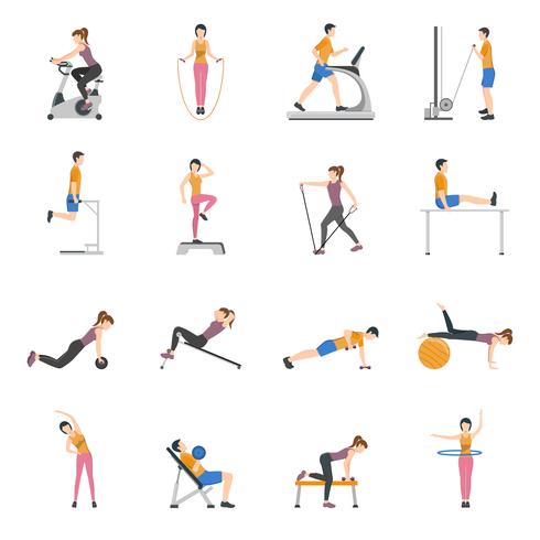 Personnes qui s&#39;entraînent au gym Icons Set vecteur