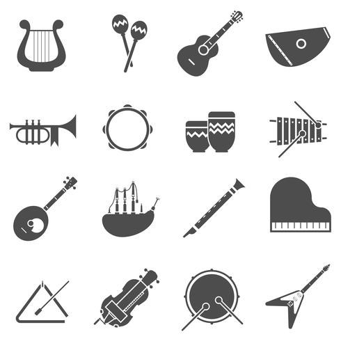 Instruments de musique noir blanc Icons Set vecteur