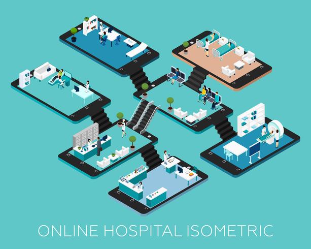 Icônes de schéma isométrique d&#39;hôpital en ligne vecteur