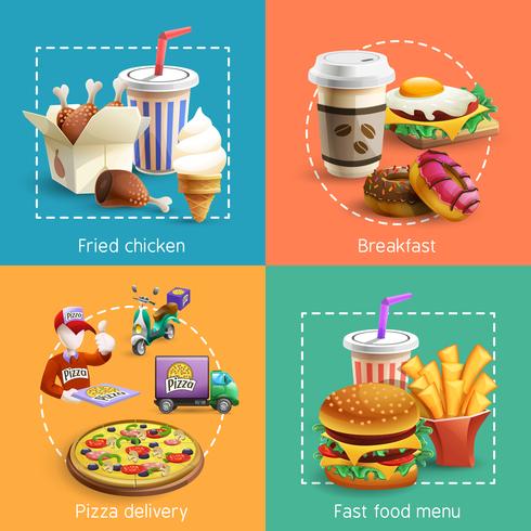 Composition de Fastfood 4 Cartoon Icons Square vecteur