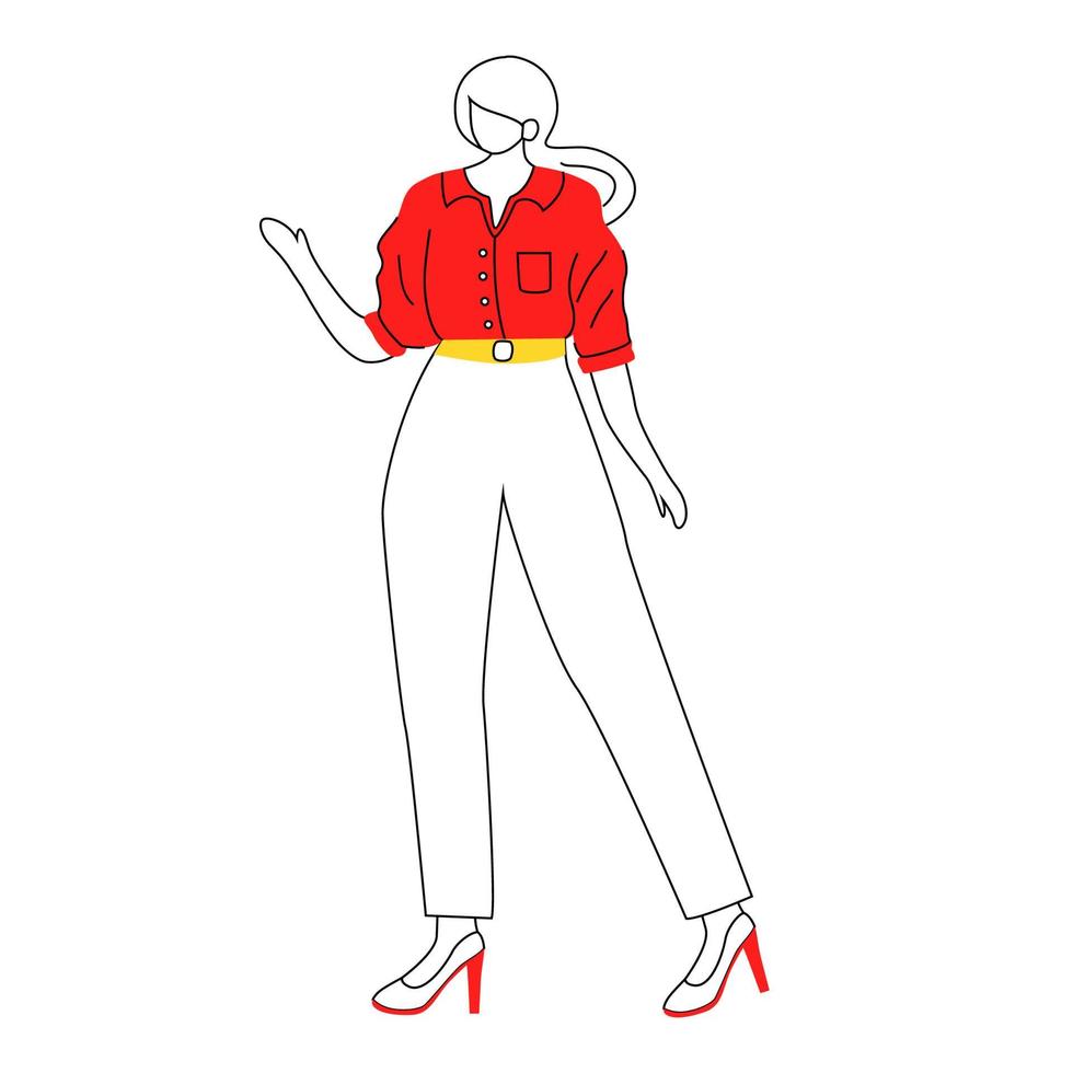 illustration vectorielle de femme employé de bureau contour plat. dame d'affaires élégante, jeune entrepreneur élégant. responsable d'équipe, cadre. Femme dans des vêtements formels personnage de dessin animé sans visage isolé sur fond blanc vecteur