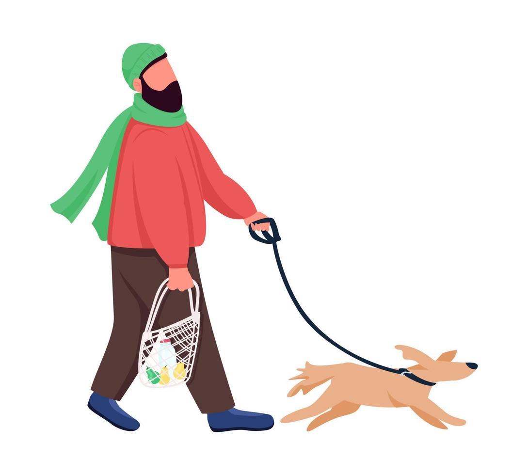homme en promenade avec chien caractère vectoriel couleur semi plat