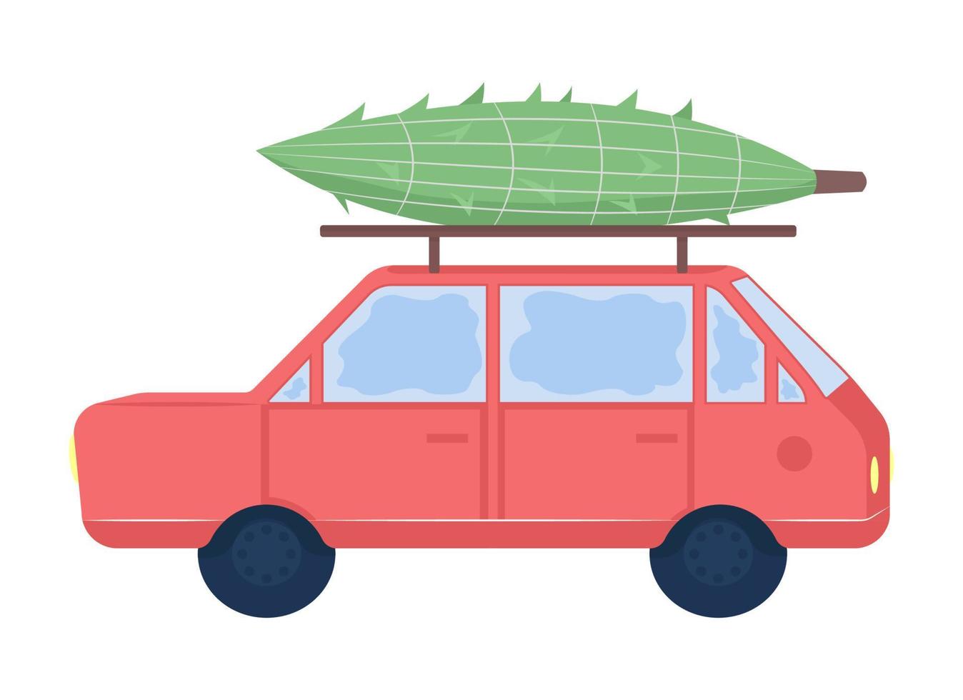 voiture avec arbre de noël sur le dessus de l'objet vectoriel couleur semi-plat