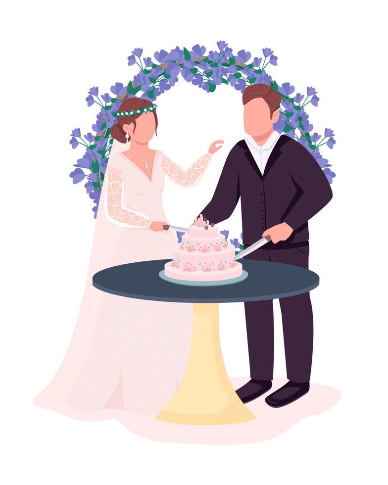 les jeunes mariés coupent le gâteau à la réception des caractères vectoriels de couleur semi-plate vecteur