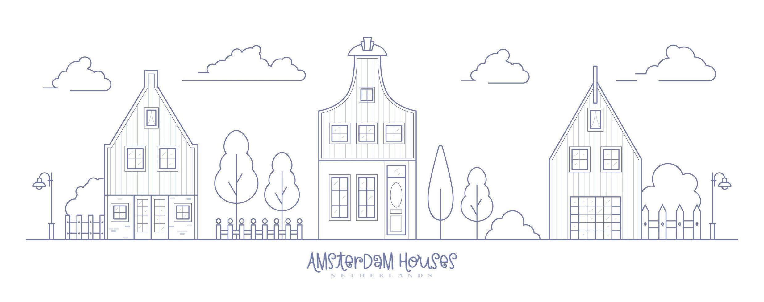 maisons de quartier europe. banlieue hollandaise avec des maisons confortables. façades d'anciens bâtiments traditionnels aux Pays-Bas. illustration vectorielle de paysage contour. vecteur