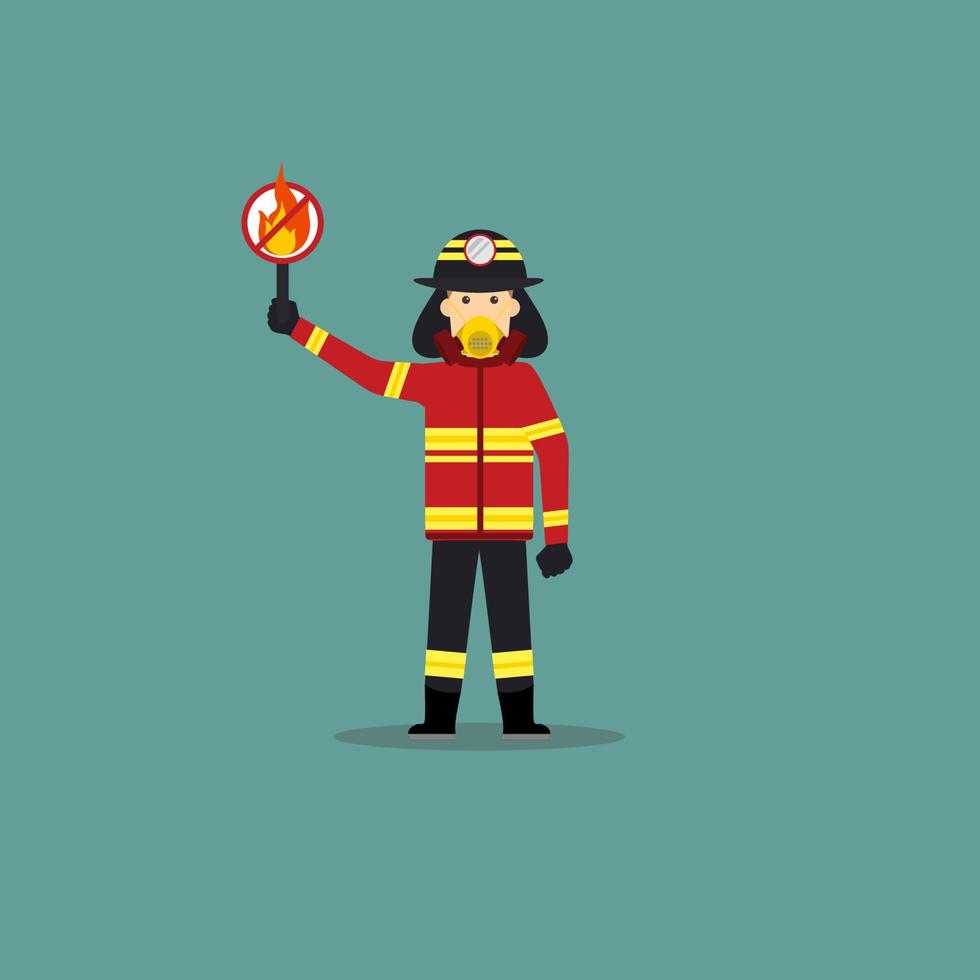 illustration de dessin animé de pompier tenir un panneau d'interdiction vecteur