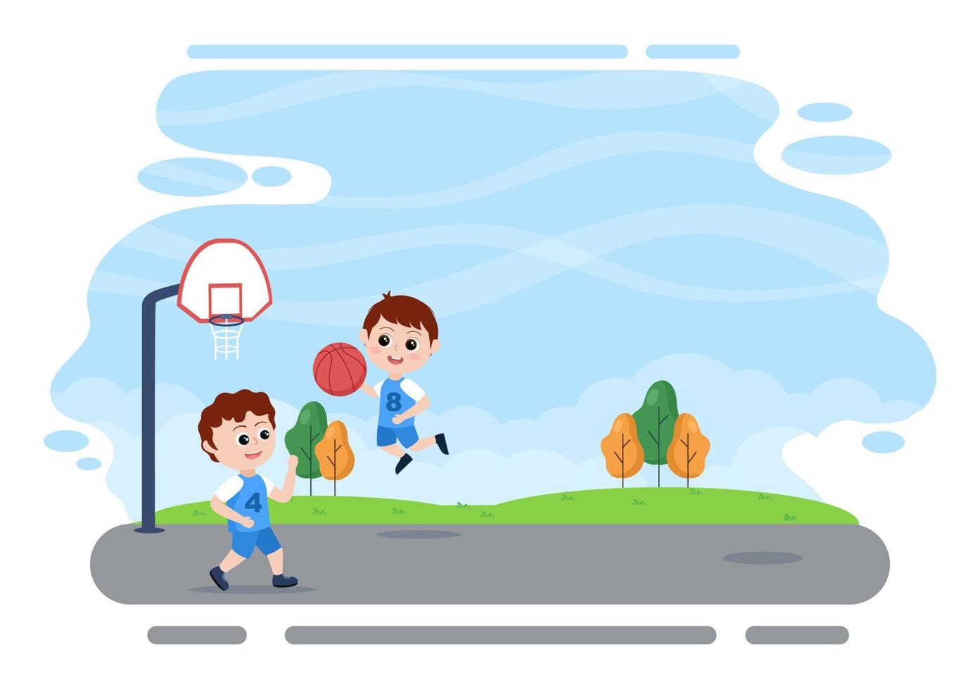 dessin animé d'enfants heureux jouant au basket-ball illustration de conception plate portant un uniforme de panier dans un tribunal extérieur pour le fond, l'affiche ou la bannière vecteur