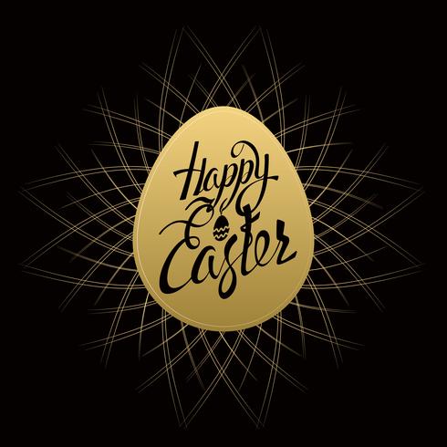 Joyeuses Pâques signe lettres sur oeuf d&#39;or, symbole, logo sur fond noir avec sunbusrt vintage. vecteur