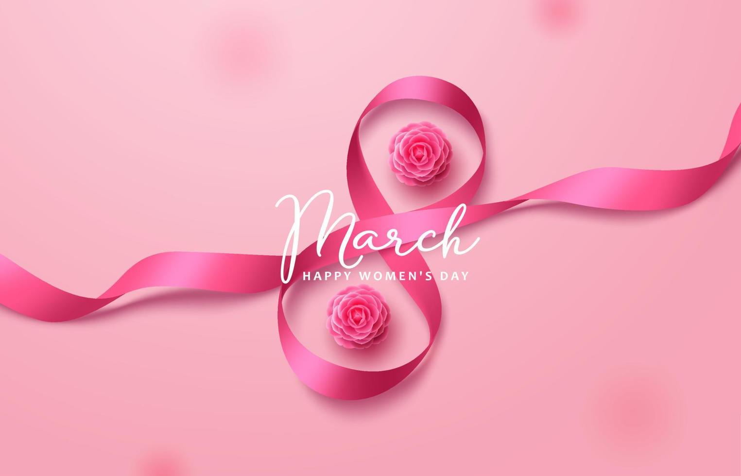 conception de fond de vecteur du 8 mars. texte de voeux de la journée de la femme avec le 8 mars en ruban rose et éléments de fleur de camélia pour la célébration internationale des femmes. illustration vectorielle.