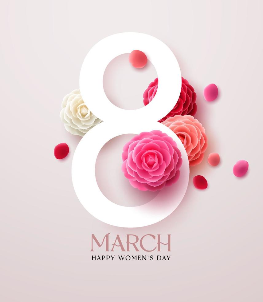 conception vectorielle de la journée de la femme du 8 mars. texte de la journée de la femme le 8 mars avec des éléments de fleur de camélia pour la décoration de carte de célébration féminine. illustration vectorielle. vecteur
