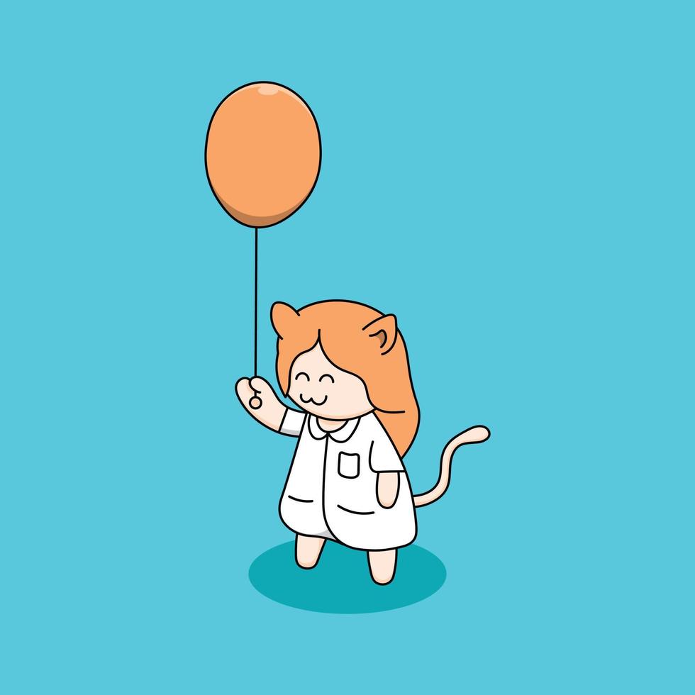 jolie fille de chat tenant une illustration fantastique de montgolfière. illustration fantastique des enfants. vecteur