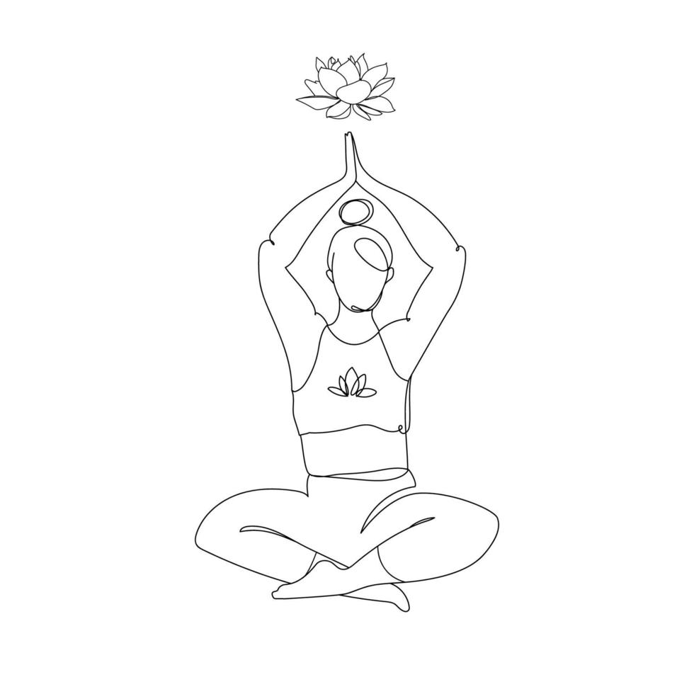 femme de taille plus assise en position du lotus et faisant du yoga, symbole de lotus isolé sur fond blanc, dessiné dans un style de contour linéaire minimaliste. Aimer soi, corps positif et yoga.Graphique vectoriel