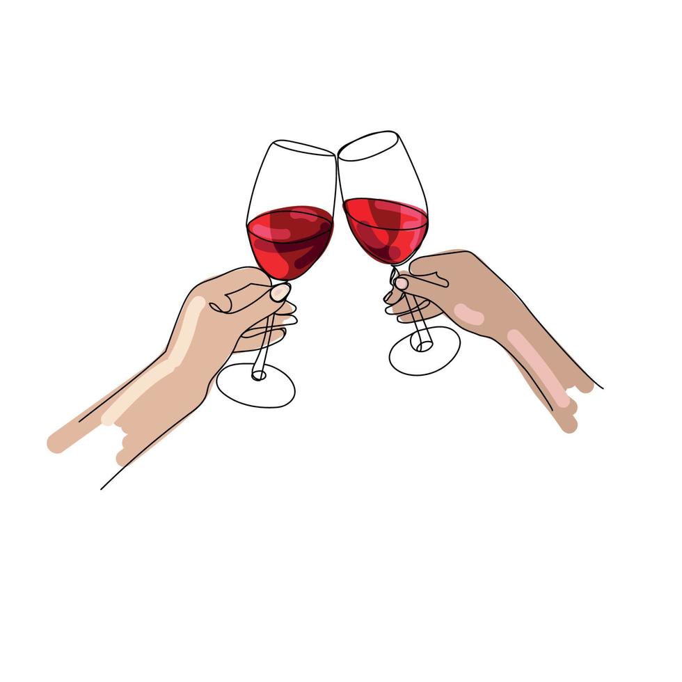 Mains acclamant avec des verres de vin rouge. Verres à vin dans des mains féminines, dessinés dans un style de contour de croquis, isolé sur un fond blanc. Illustration vectorielle. Dessin à la main vecteur
