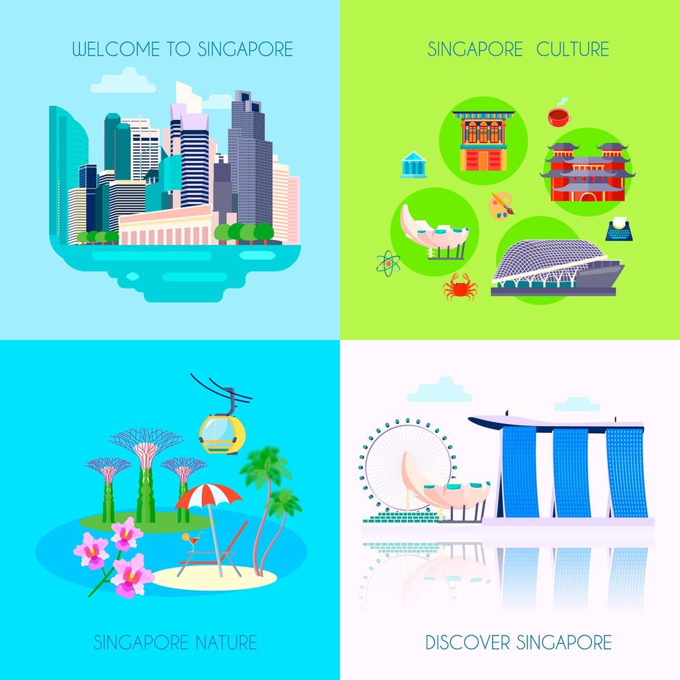 Plat Singapour Culture Icon Set vecteur